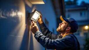 A photograph of a skilled lighting contractor expertly installing a floodlight fixture in a residential or commercial setting