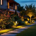 A photograph of a beautifully illuminated outdoor landscape featuring top-rated led landscape lighting fixtures in a residential or commercial setting