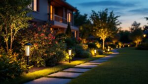 A photograph of a beautifully illuminated outdoor landscape featuring top-rated led landscape lighting fixtures in a residential or commercial setting