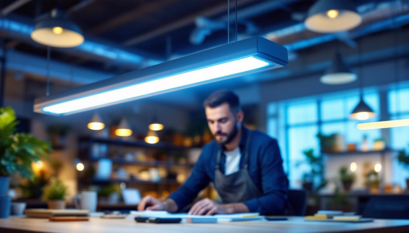 A photograph of a t5 8 watt fluorescent light fixture in a well-lit workspace
