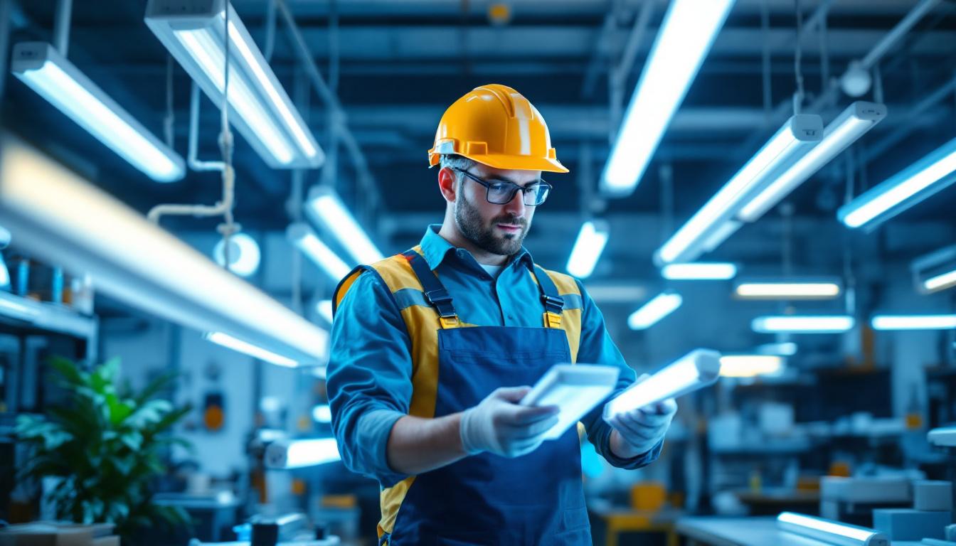 A photograph of a lighting contractor examining various fluorescent tube light alternatives