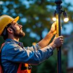 A photograph of a lighting contractor measuring the height of a light post in an outdoor setting
