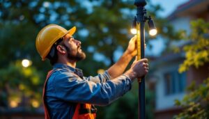 A photograph of a lighting contractor measuring the height of a light post in an outdoor setting