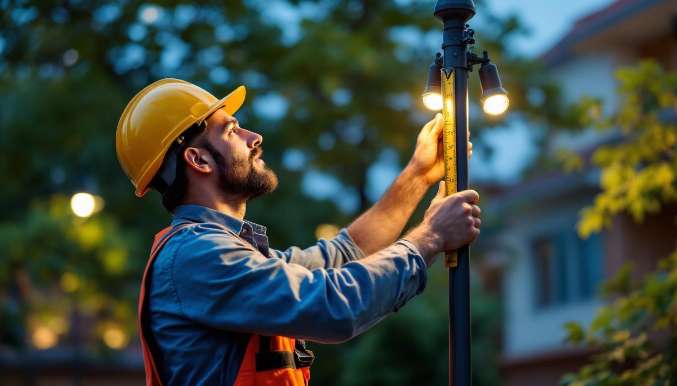 A photograph of a lighting contractor measuring the height of a light post in an outdoor setting