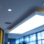 A photograph of a well-lit drop ceiling light panel installed in a modern commercial space