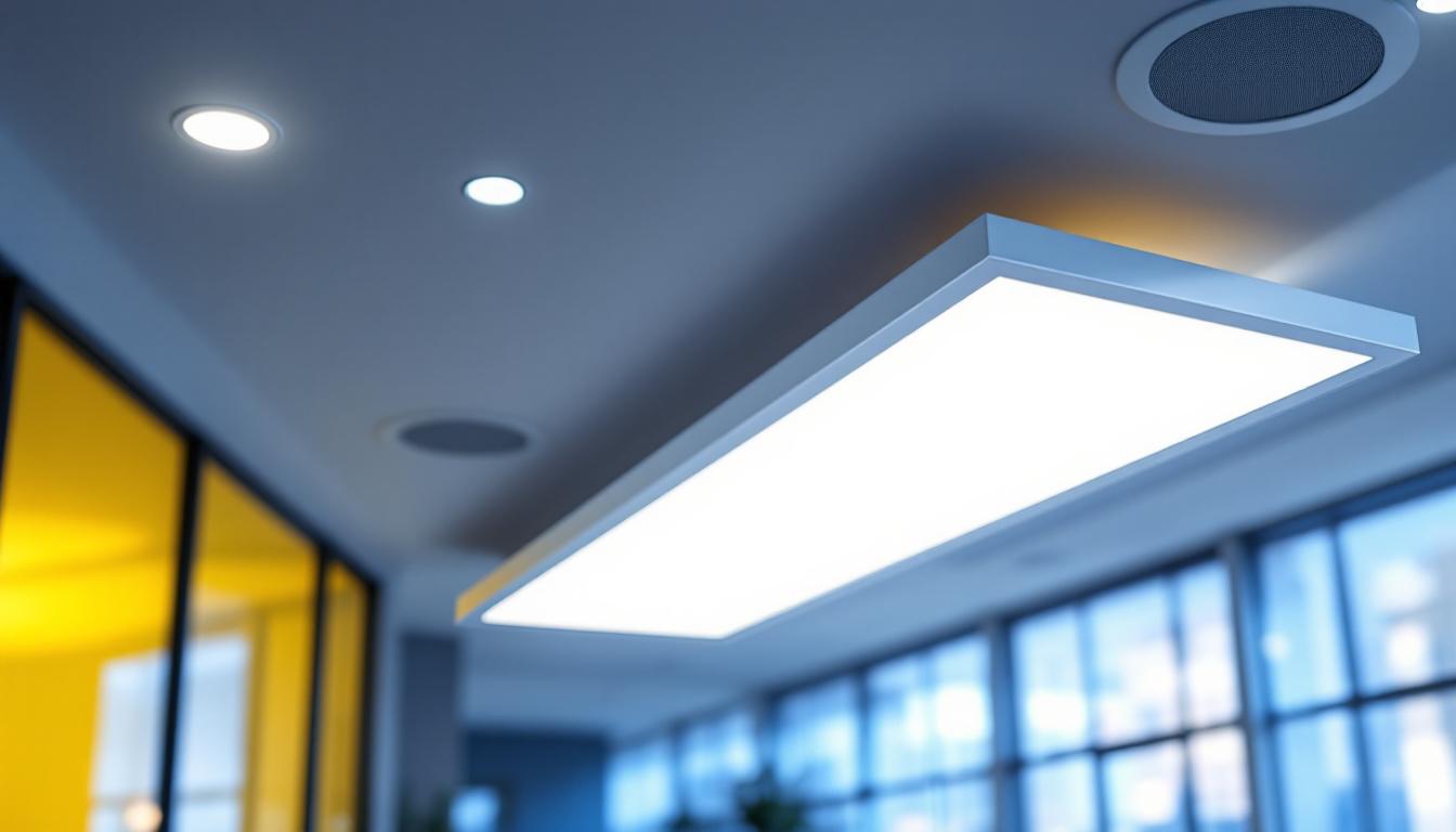 A photograph of a well-lit drop ceiling light panel installed in a modern commercial space