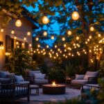 A photograph of a beautifully lit outdoor space featuring 40 ft string lights
