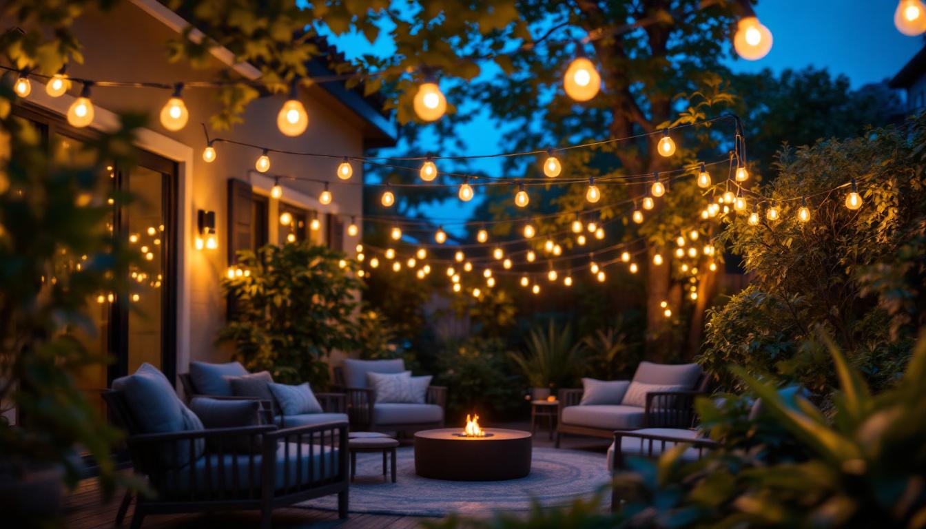 A photograph of a beautifully lit outdoor space featuring 40 ft string lights
