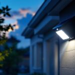 A photograph of a solar motion detection light installed in a residential setting at dusk