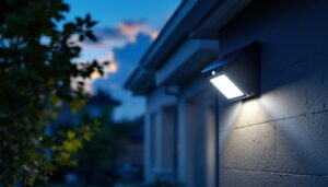 A photograph of a solar motion detection light installed in a residential setting at dusk