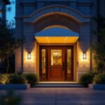 A photograph of a beautifully illuminated outdoor entrance