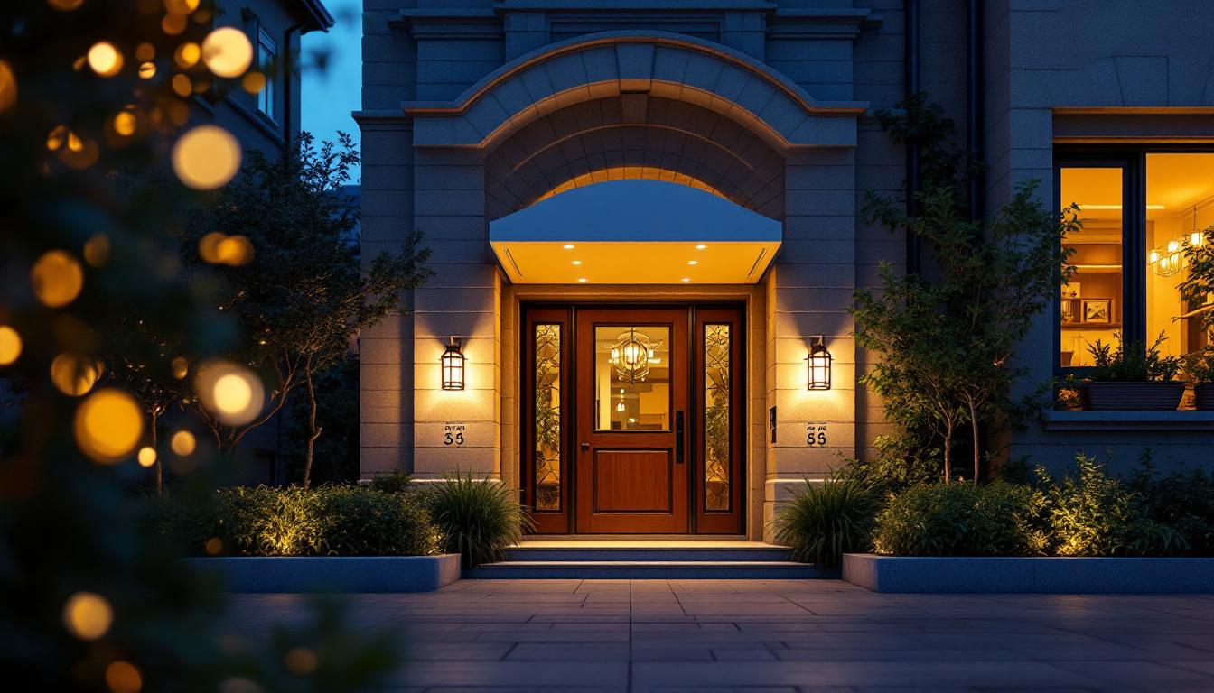 A photograph of a beautifully illuminated outdoor entrance