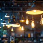 A photograph of an industrial space featuring a variety of hanging light fixtures