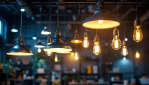 A photograph of an industrial space featuring a variety of hanging light fixtures