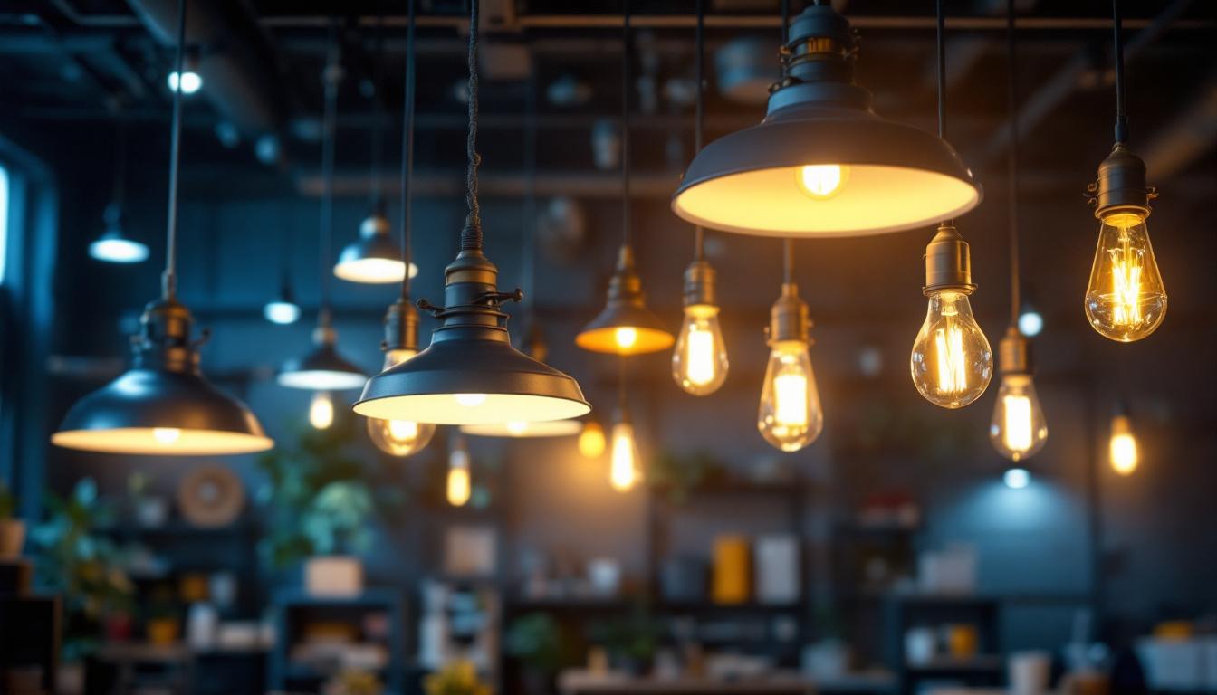 A photograph of an industrial space featuring a variety of hanging light fixtures