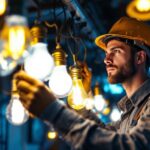 A photograph of a lighting contractor skillfully installing or adjusting a variety of bright lamp bulbs in a well-lit space