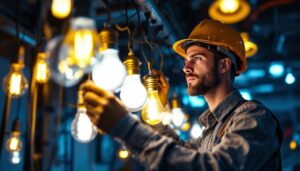 A photograph of a lighting contractor skillfully installing or adjusting a variety of bright lamp bulbs in a well-lit space