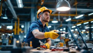 A photograph of an industrial electrician in action