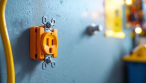A photograph of a close-up shot of an orange electrical receptacle installed in a modern setting