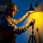 A photograph of a skilled lighting contractor expertly replacing a lamp fixture in a modern home setting