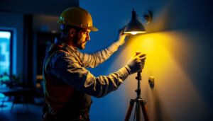 A photograph of a skilled lighting contractor expertly replacing a lamp fixture in a modern home setting