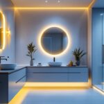 A photograph of a beautifully designed bathroom featuring warm