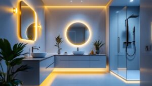 A photograph of a beautifully designed bathroom featuring warm