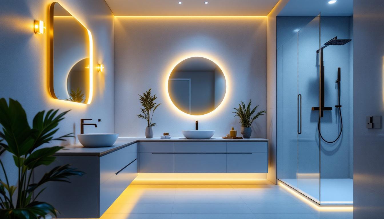 A photograph of a beautifully designed bathroom featuring warm