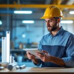 A photograph of a lighting contractor evaluating various fluorescent tube options in a well-lit workspace