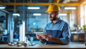 A photograph of a lighting contractor evaluating various fluorescent tube options in a well-lit workspace