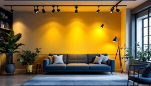 A photograph of a stylish interior space showcasing various types of track lighting in use