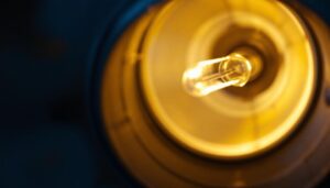 A photograph of a close-up view of a mogul light bulb base installed in a lighting fixture