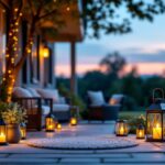 A photograph of a beautifully arranged outdoor setting featuring various styles of house lanterns illuminated at dusk