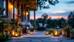 A photograph of a beautifully arranged outdoor setting featuring various styles of house lanterns illuminated at dusk