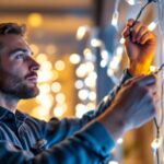 A photograph of a lighting contractor expertly installing wired led light strips in a modern home setting