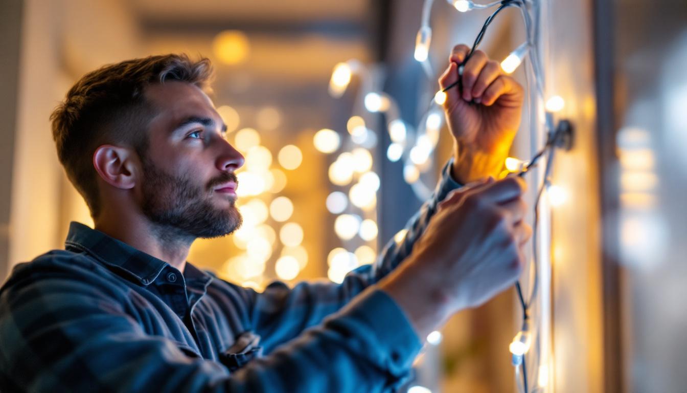 A photograph of a lighting contractor expertly installing wired led light strips in a modern home setting
