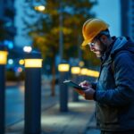 A photograph of a lighting contractor inspecting a row of illuminated bollards in an urban setting