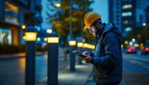 A photograph of a lighting contractor inspecting a row of illuminated bollards in an urban setting