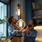 A photograph of capture a photograph of a lighting contractor skillfully installing a stylish pendant light in a modern home setting