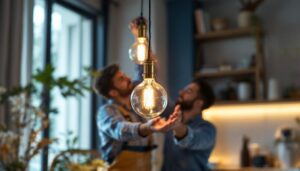 A photograph of capture a photograph of a lighting contractor skillfully installing a stylish pendant light in a modern home setting