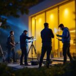 A photograph of a team of professionals collaboratively setting up linear exterior lights in an outdoor setting