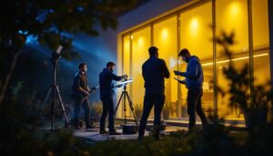 A photograph of a team of professionals collaboratively setting up linear exterior lights in an outdoor setting