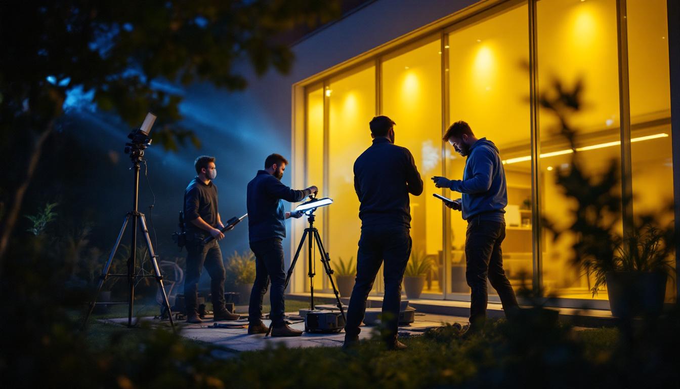 A photograph of a team of professionals collaboratively setting up linear exterior lights in an outdoor setting