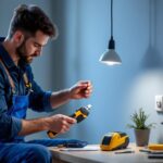 A photograph of a lighting contractor installing a hanging outlet in a stylish