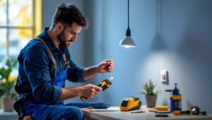 A photograph of a lighting contractor installing a hanging outlet in a stylish