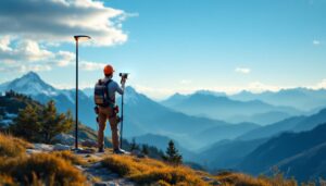 A photograph of a lighting contractor expertly installing innovative outdoor lighting fixtures on a picturesque mountain top