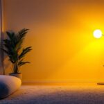 A photograph of a stylishly designed room illuminated by a warm