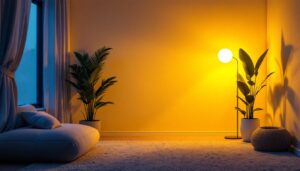 A photograph of a stylishly designed room illuminated by a warm