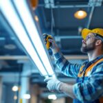 A photograph of a lighting contractor expertly installing f32t8 fluorescent fixtures in a modern commercial space