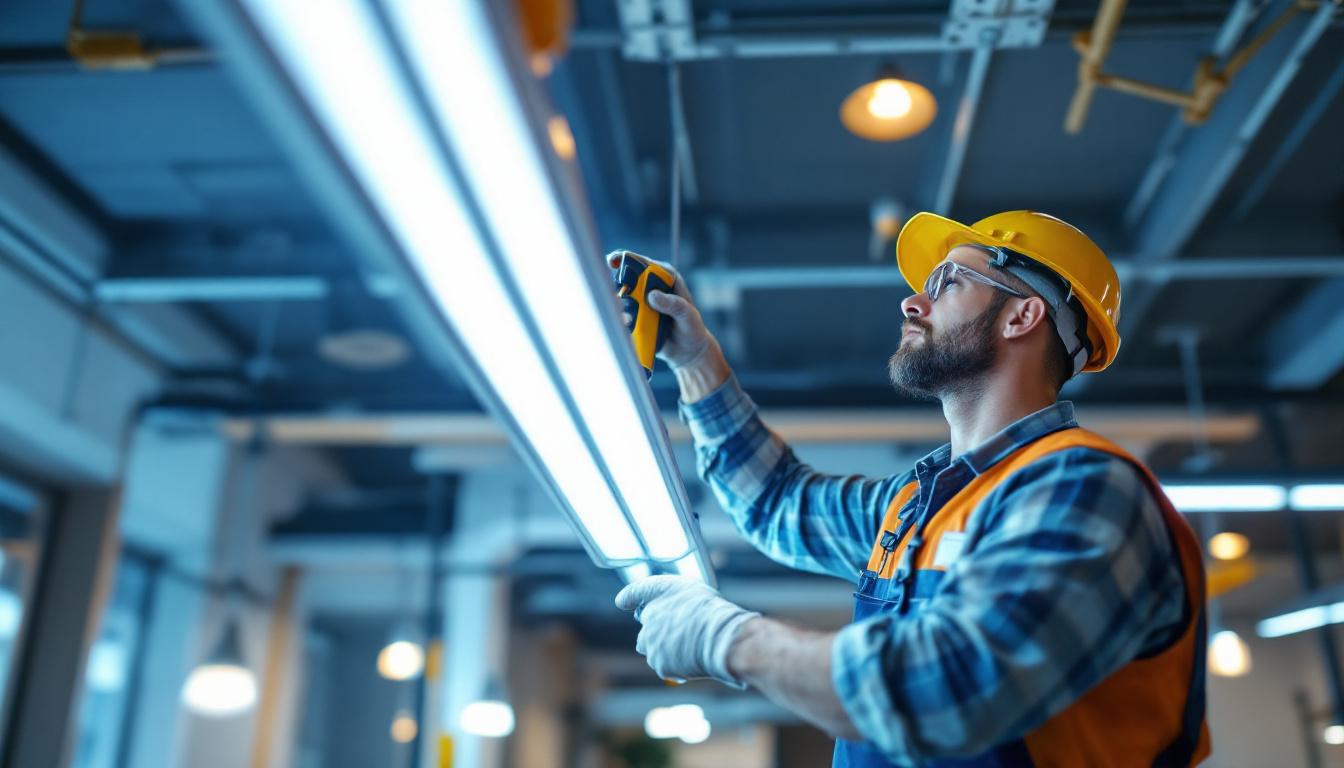 A photograph of a lighting contractor expertly installing f32t8 fluorescent fixtures in a modern commercial space